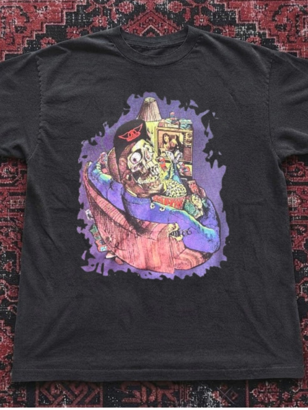 Gildan Black Short Sleeve Tee with Purple Skull Couch Graphic